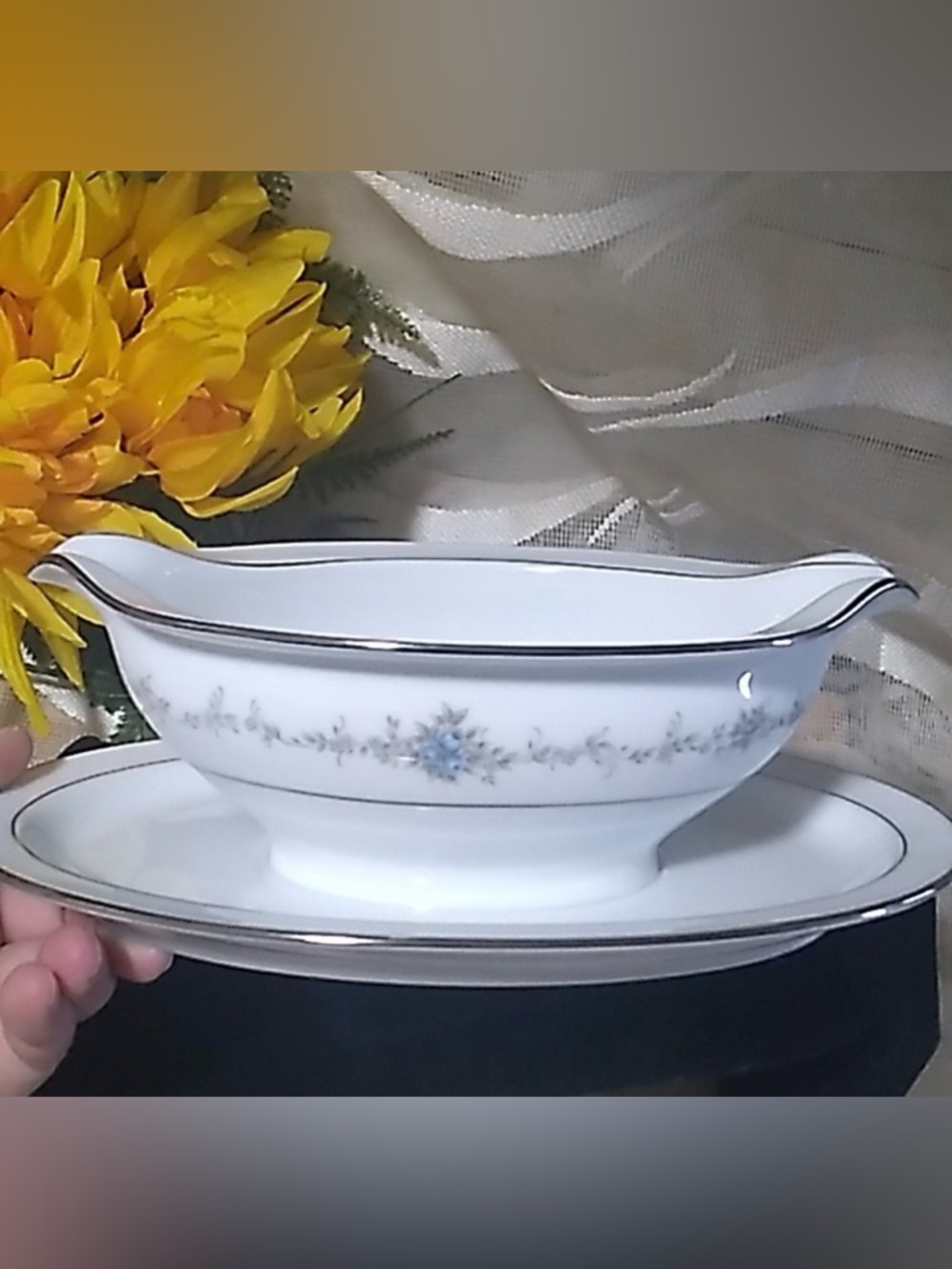 Noritake White and Silver Gravy Boat with Floral Motif